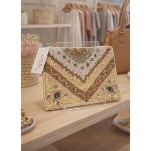 Kay Lee white Tan Beaded Abstract Coin Purse New